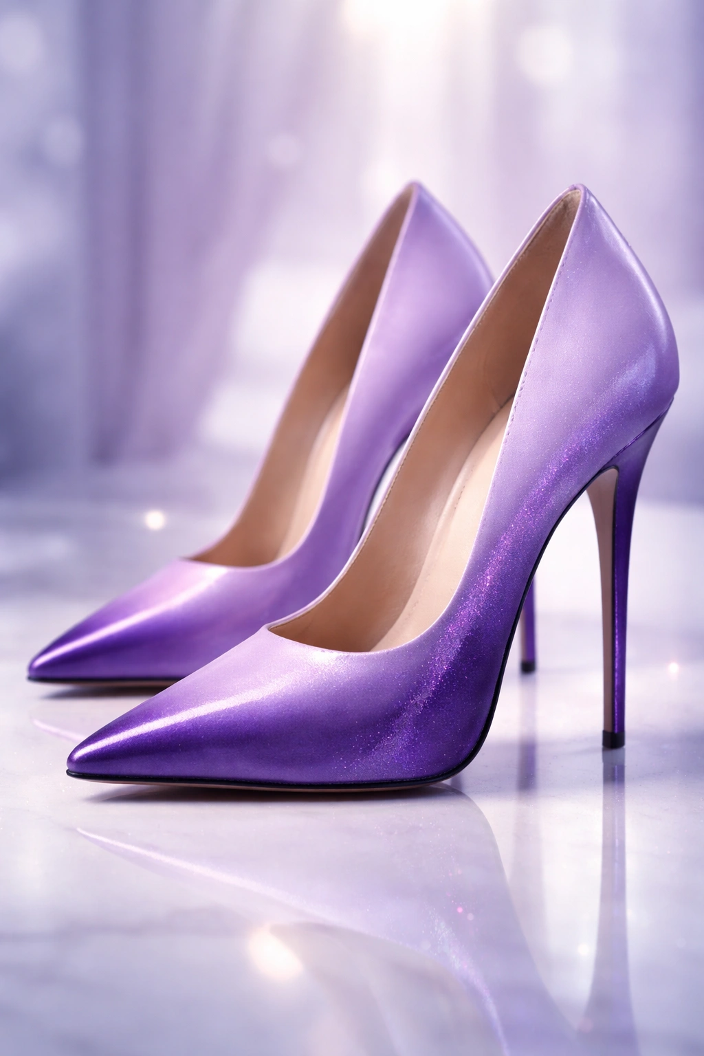 Close-up of lavender-to-purple ombre stiletto heel with glossy finish and subtle sparkle