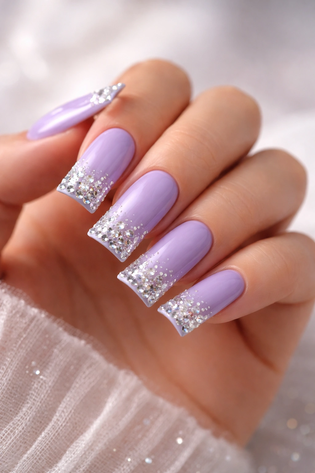 Close-up of lavender nails with rhinestones along the tips catching light