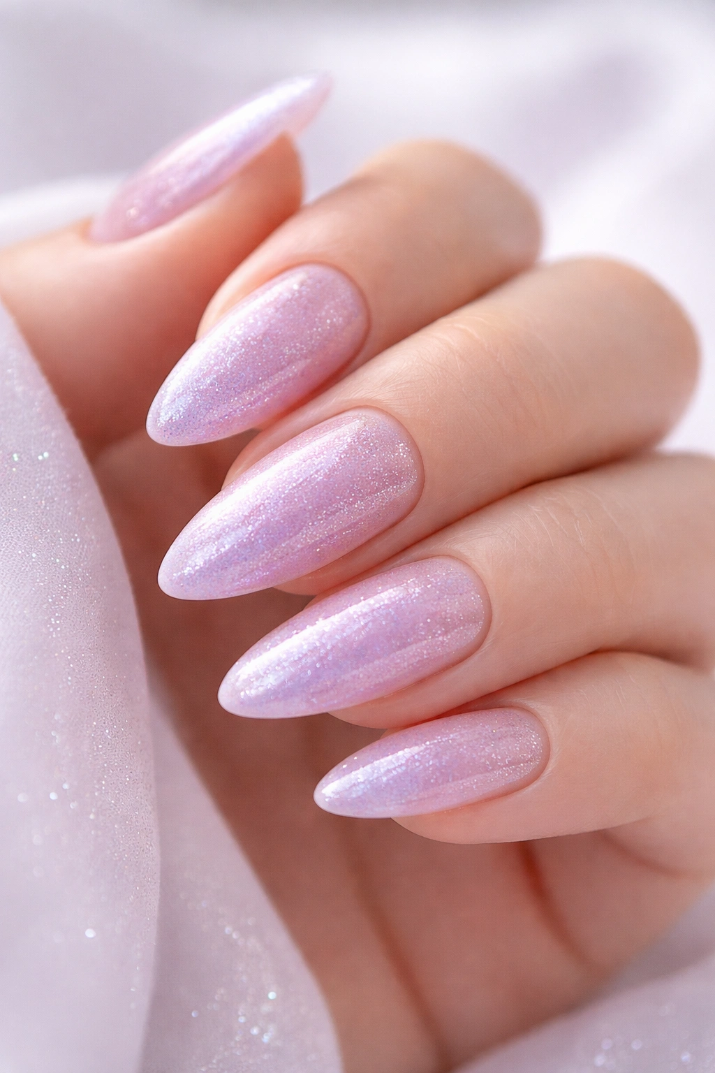 Close-up of almond nails with sheer lilac base and fine lavender shimmer