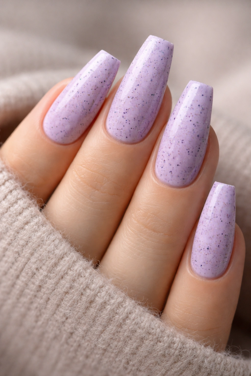 Close-up of lavender coffin nails with random dark purple speckles on a neutral background