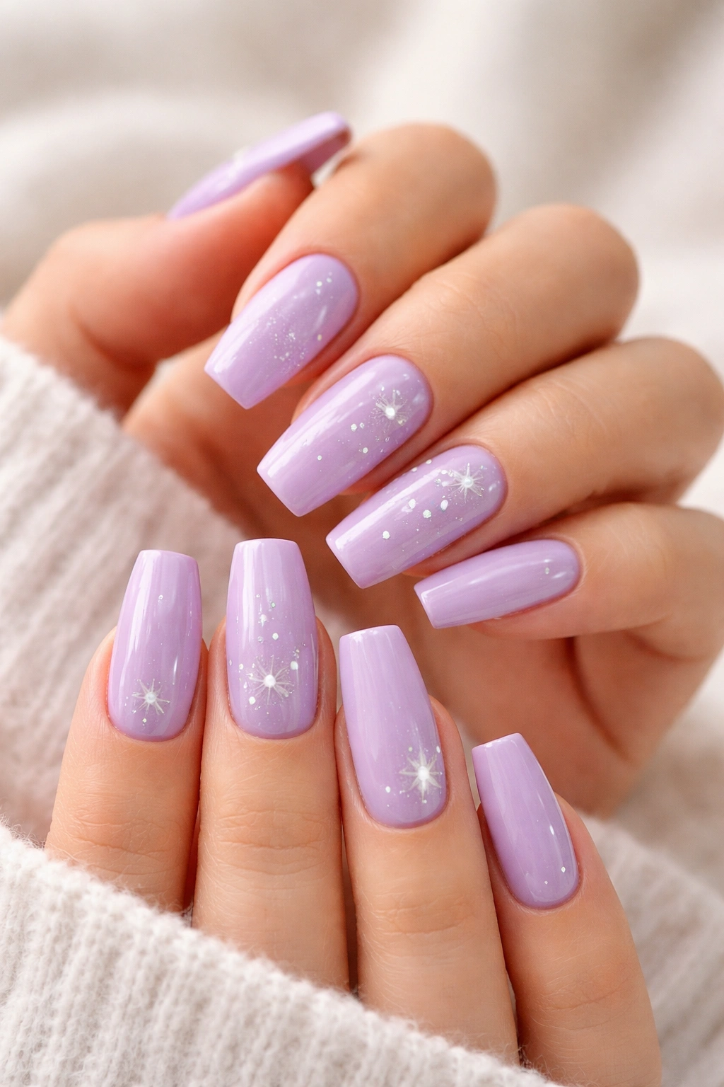 Soft lavender coffin nails with tiny star accents