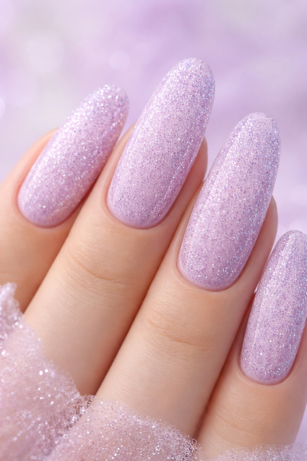 Close-up of lavender sugar nails on long round nails with soft purple texture