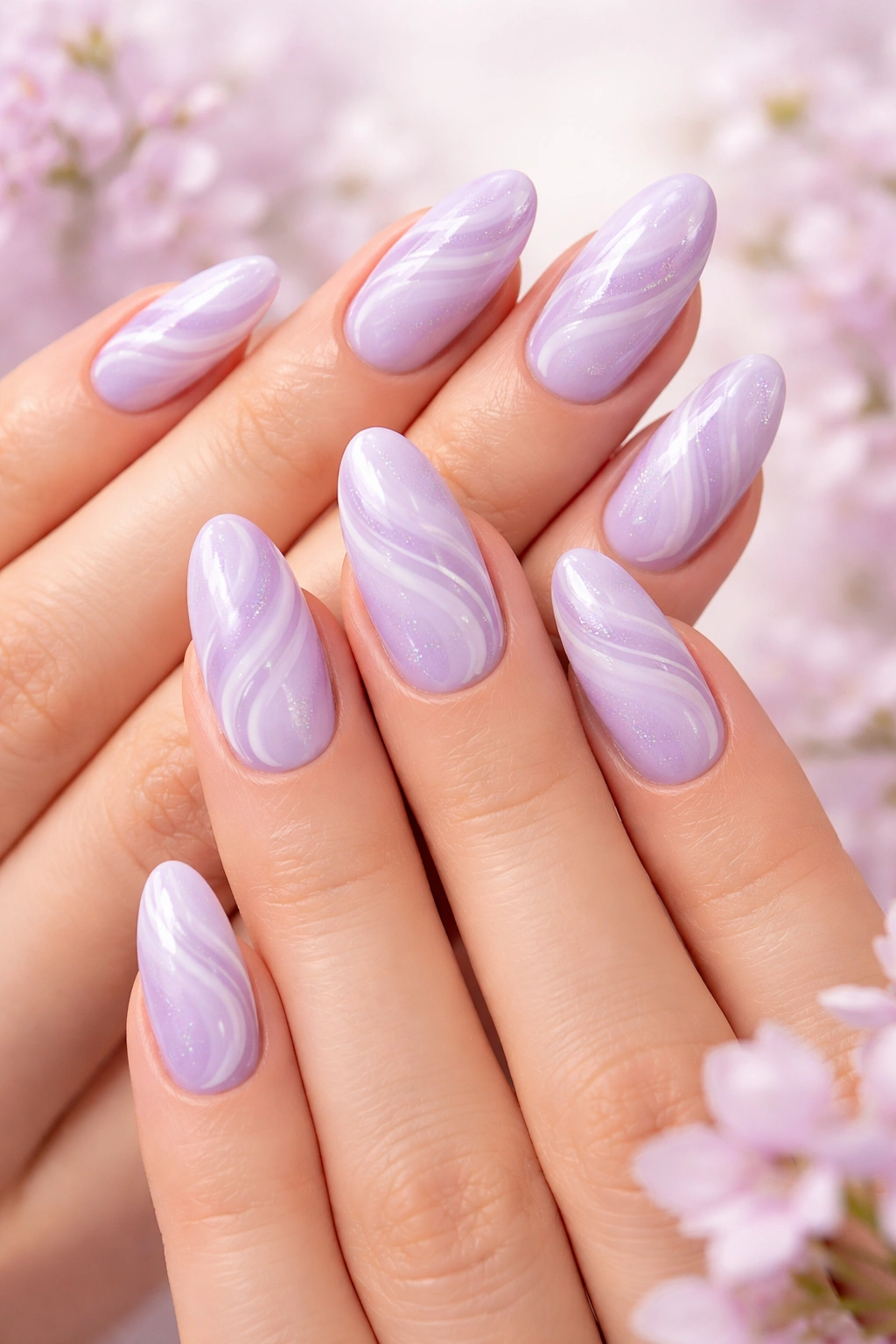 Close-up of lavender nails with swirl designs on a pale pastel backdrop