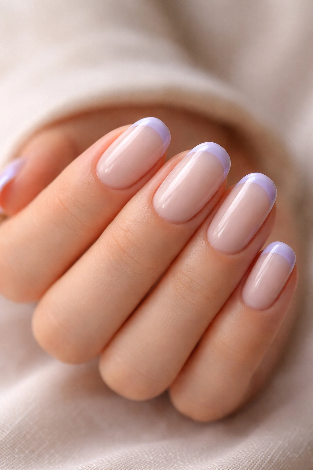 Close-up of short oval nails with lavender tips on milky nude base