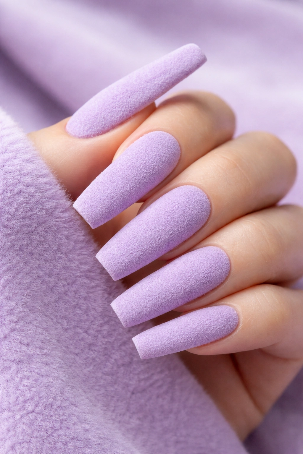 Close-up of lavender velvet coffin nails with suede-like texture