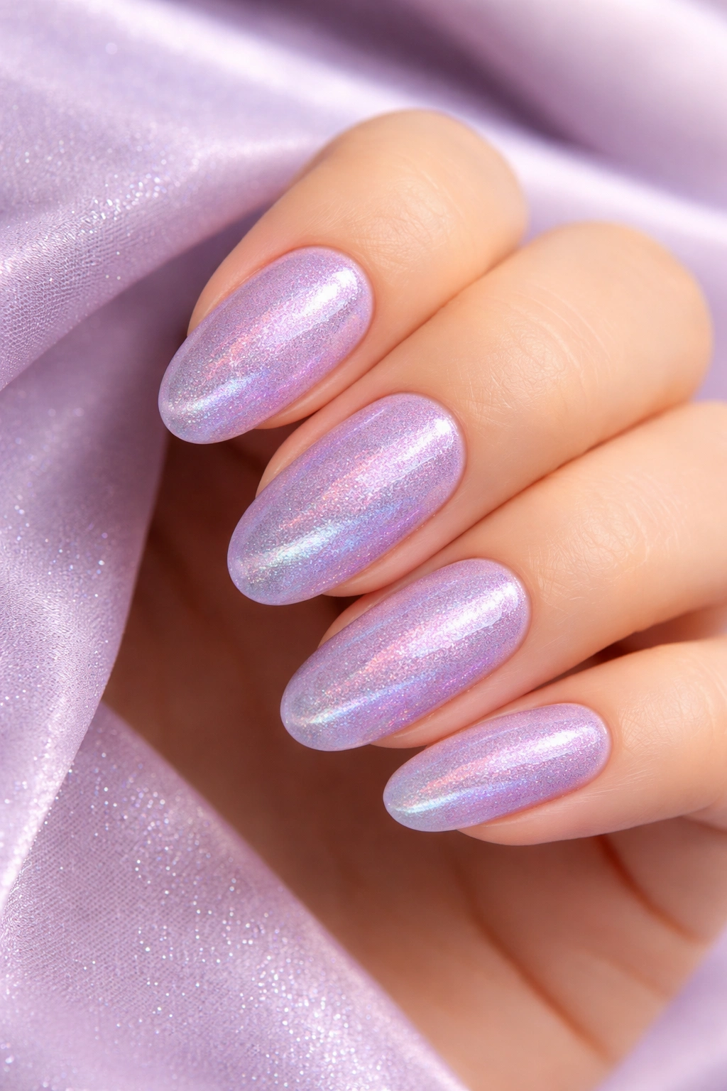 Close-up of lavender velvet nails showing color-shifting shimmer in soft light