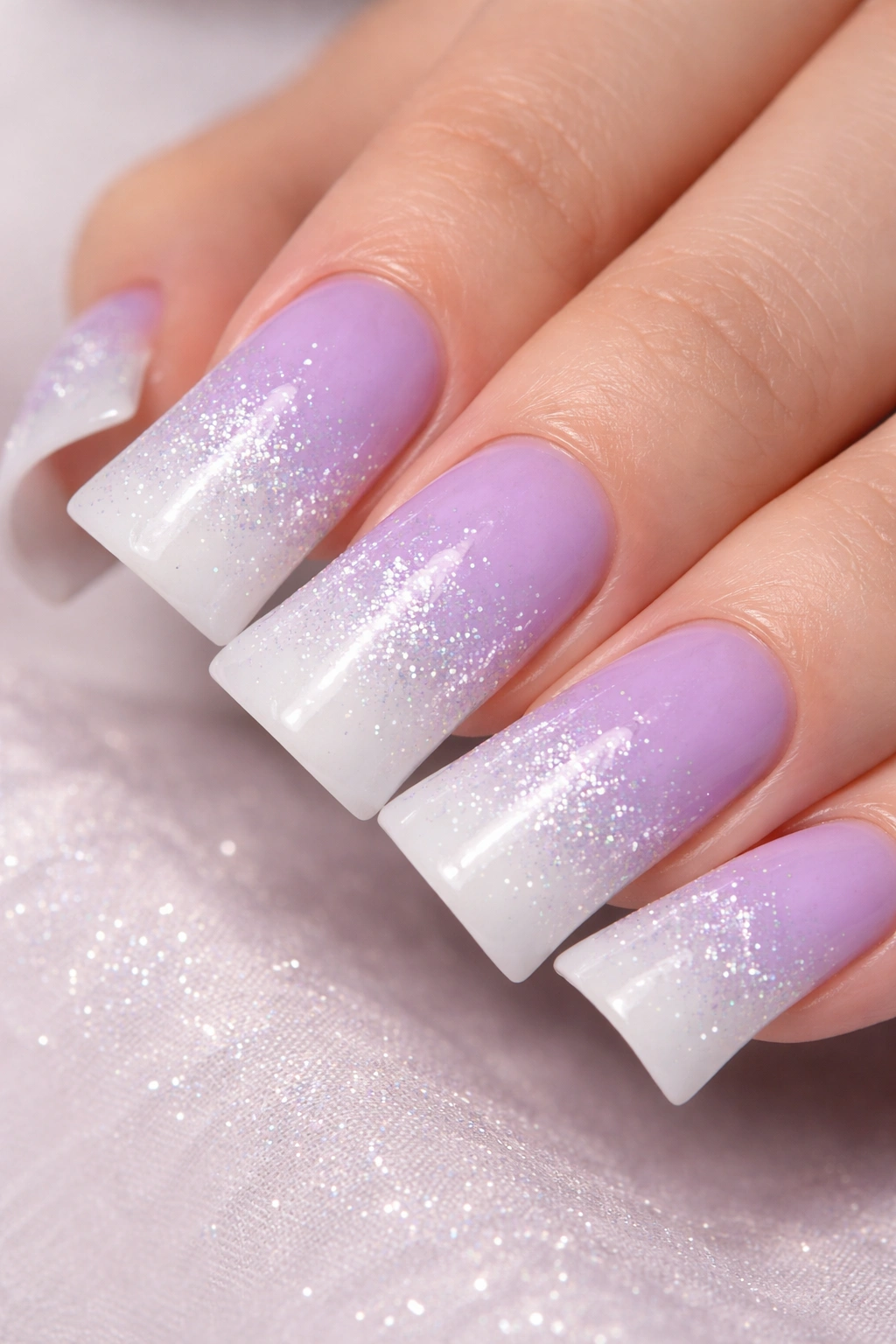 Duck-shaped nails with lavender to white ombre and glitter fade.