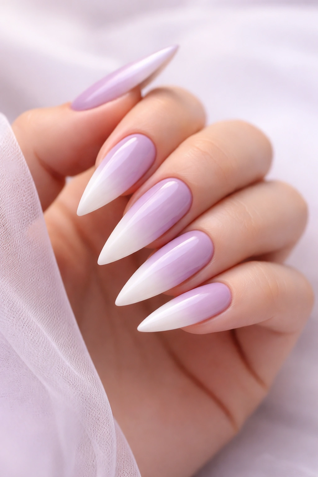 Medium stiletto nails lavender to white ombre with pastel gradient