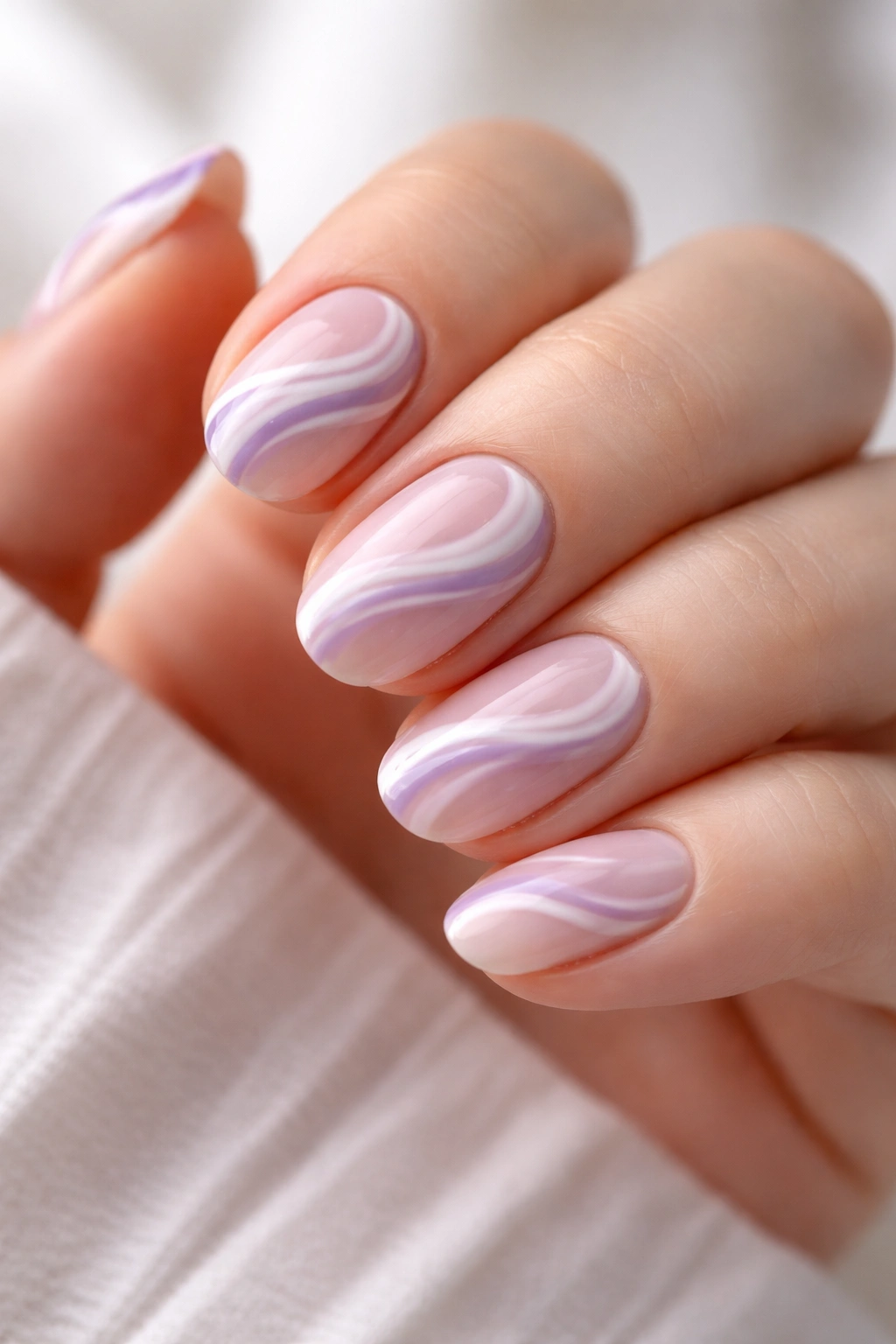 Close-up of lavender and white swirl art on short oval nails