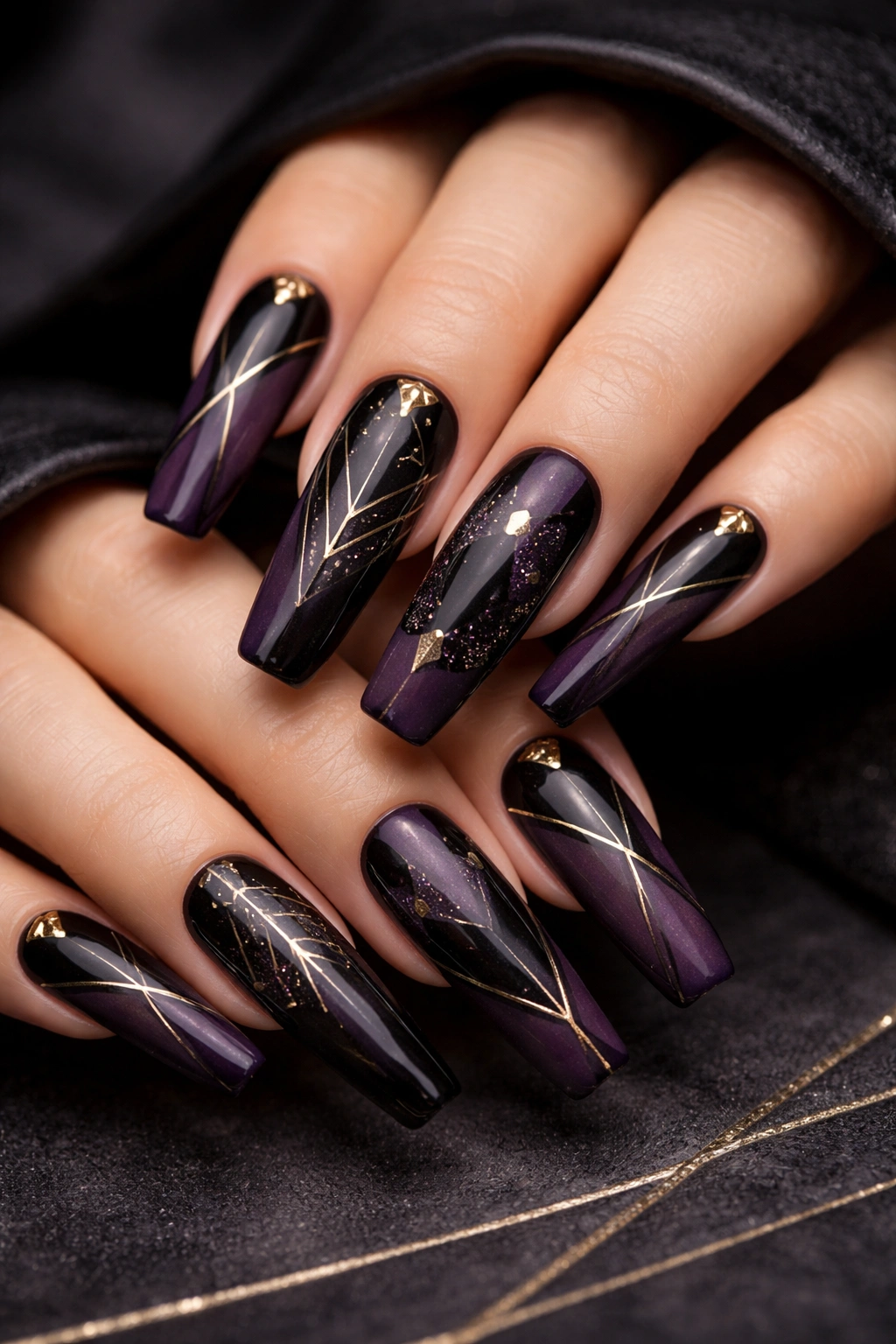 Nails with layered black and deep plum colors and geometric accents