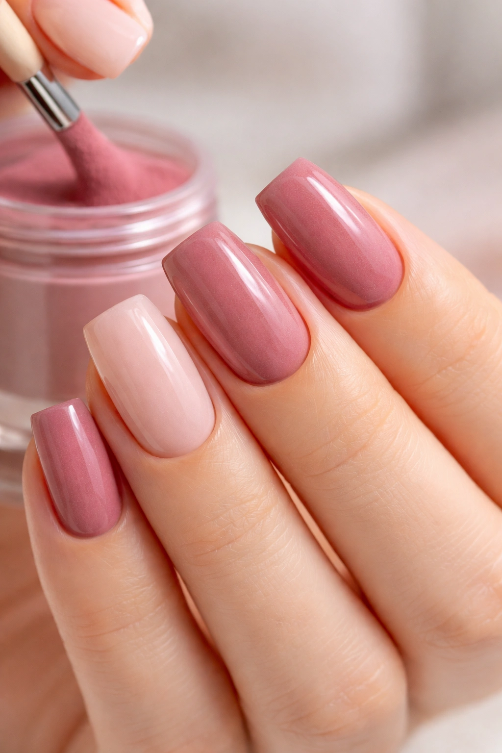 Nails showing depth and dimension from multiple dip powder layers