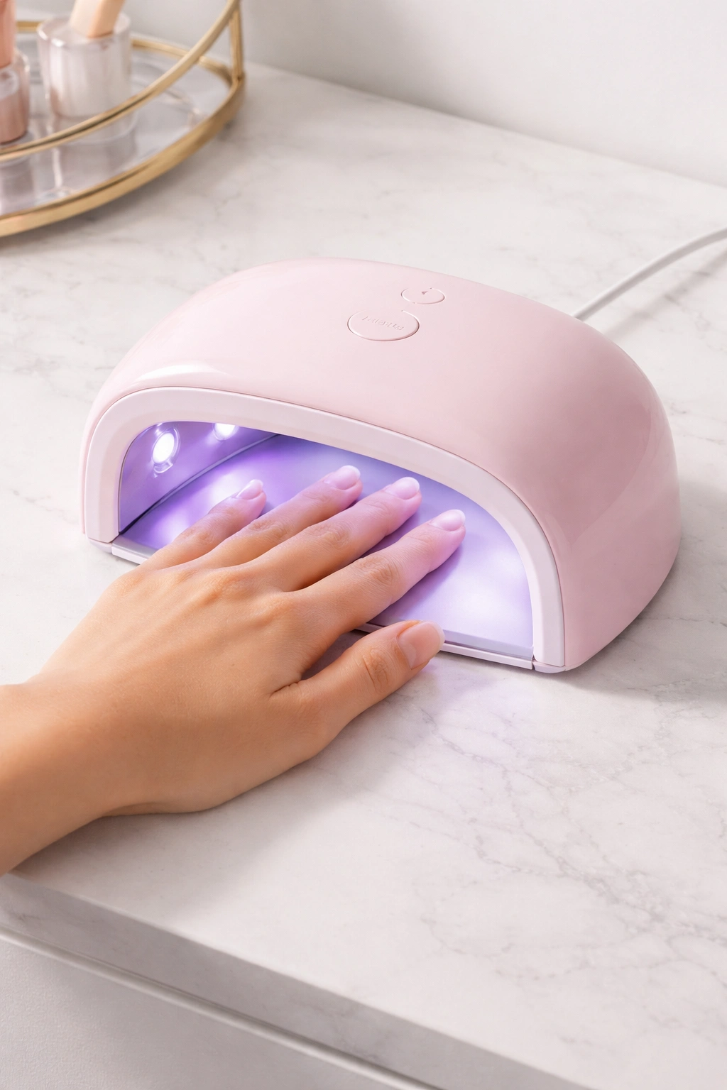 Compact dual lamp with a hand under cure in a neat vanity.