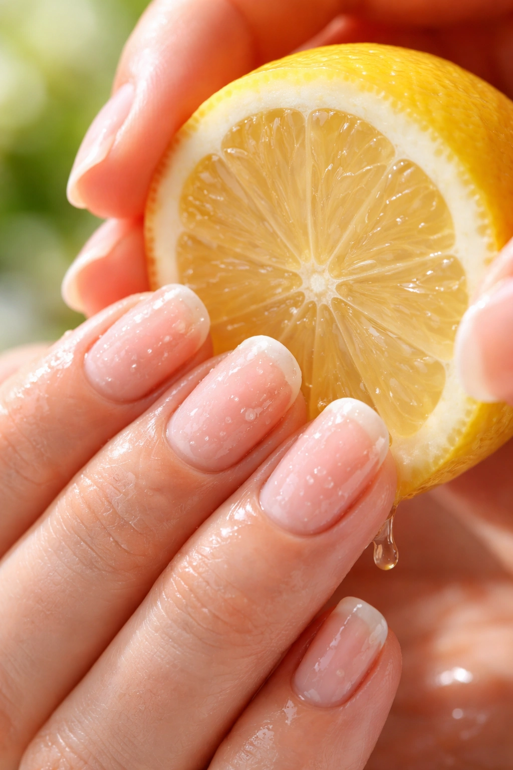 Nails with lemon juice applied, bright natural lighting.