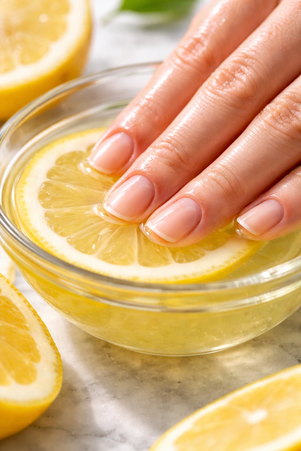 Fingers soaking in lemon juice for natural whitening