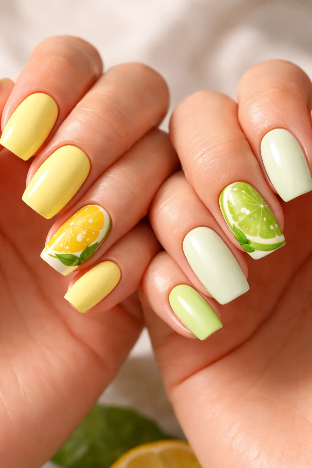 Close-up of lemon and lime nail designs on two hands with fruit slice accents