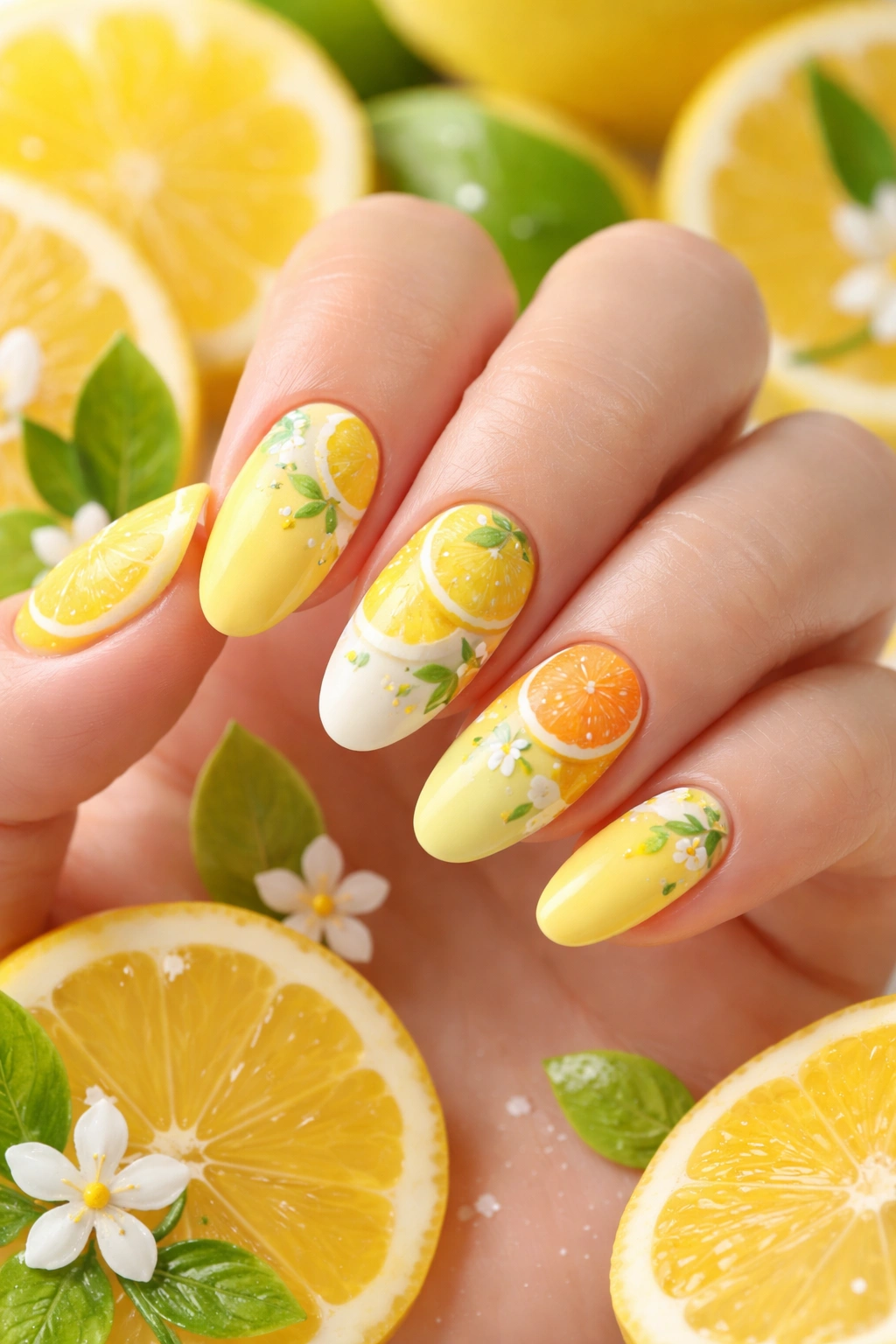 Nails with lemon slice motifs and citrus accents