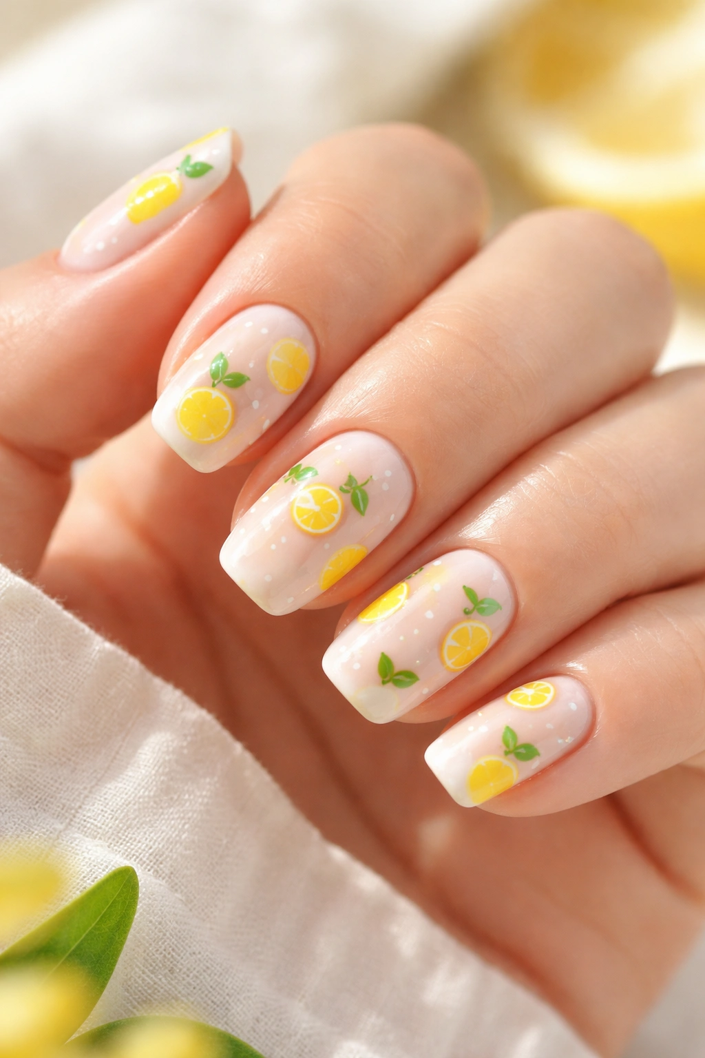 Nails with tiny lemon illustrations on white base.