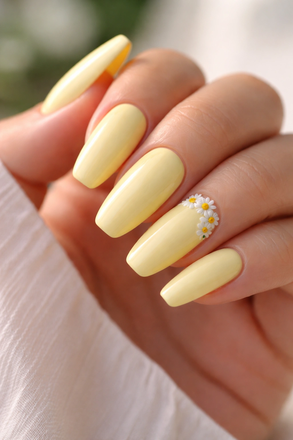 Lemon yellow nails with tiny white daisies on ballerina nails