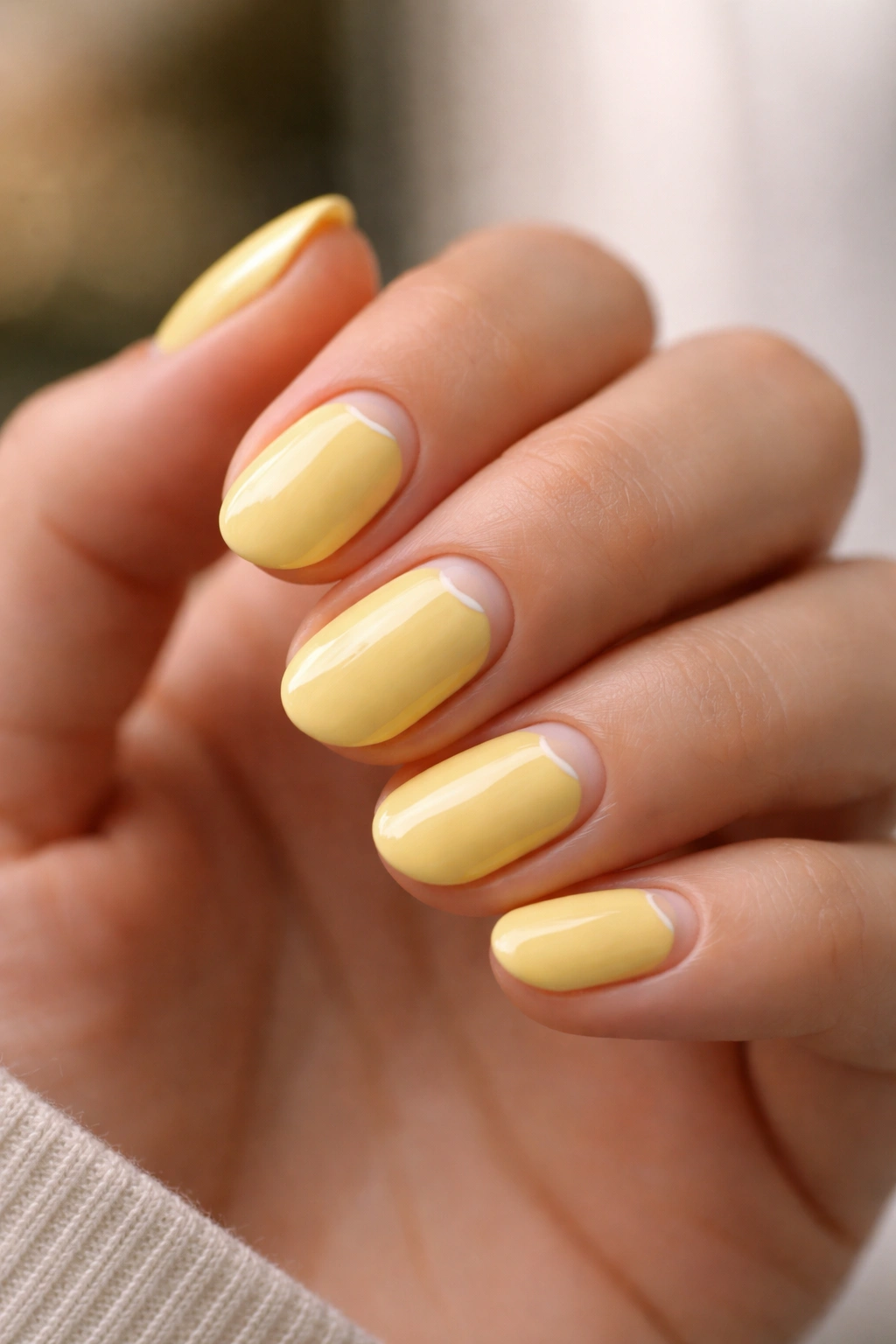 Close-up of short oval nails with lemon yellow polish and negative space