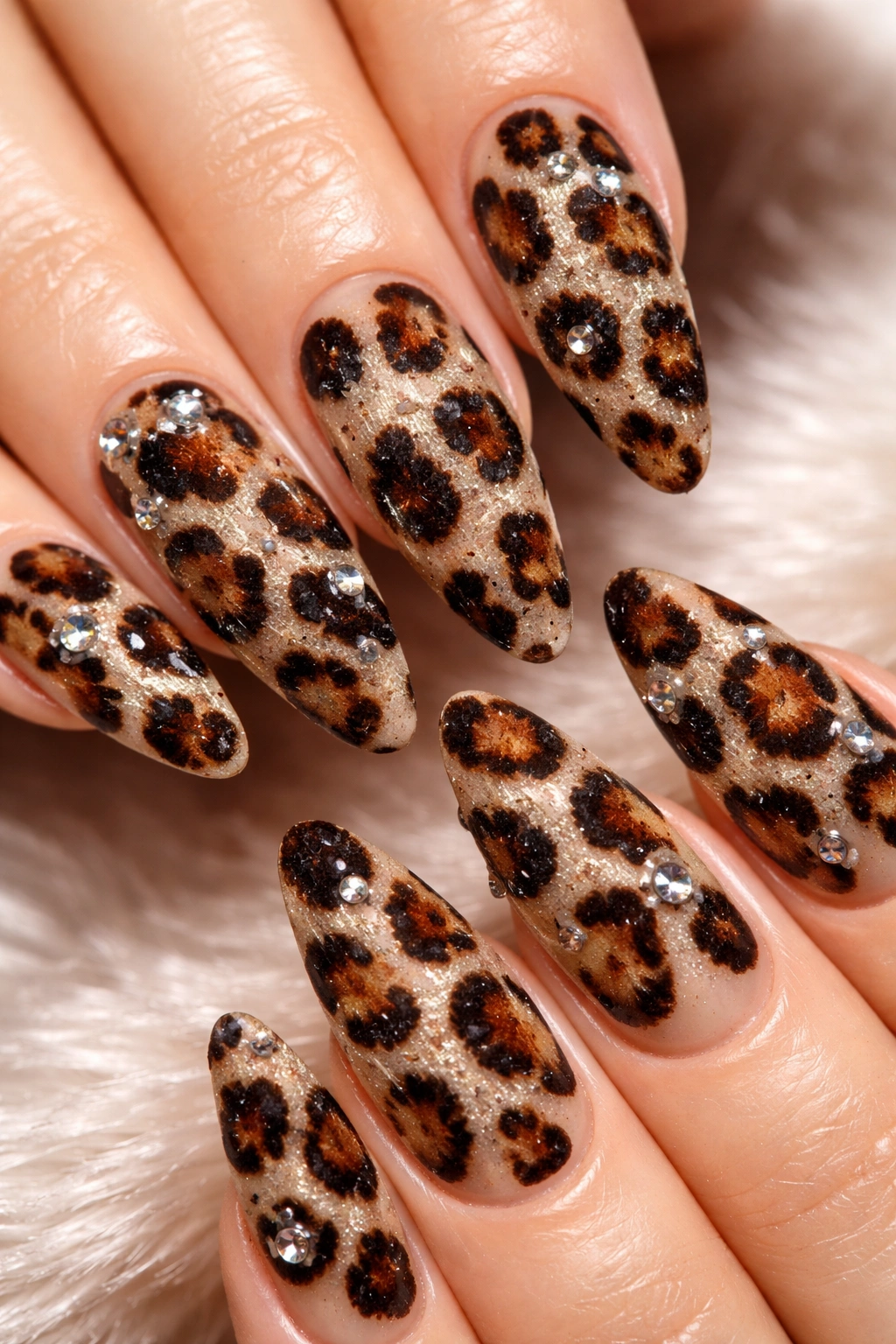 Nails with leopard print and 3D velvet texture plus rhinestones