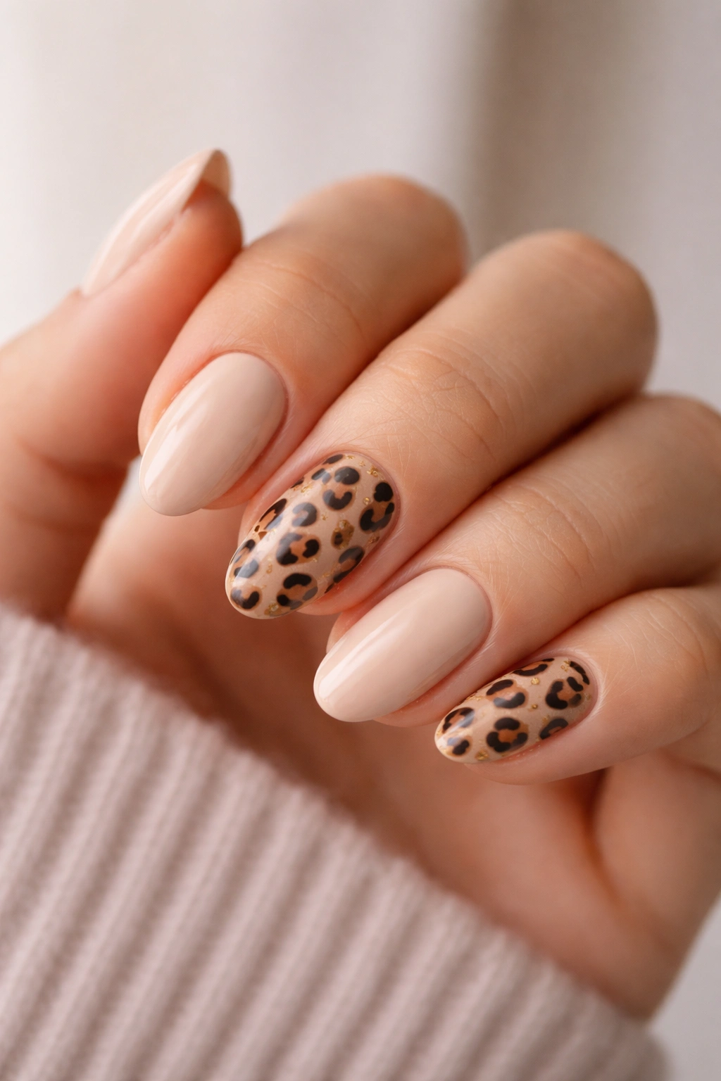 Two accent nails with leopard print on a short almond nail hand against a neutral background