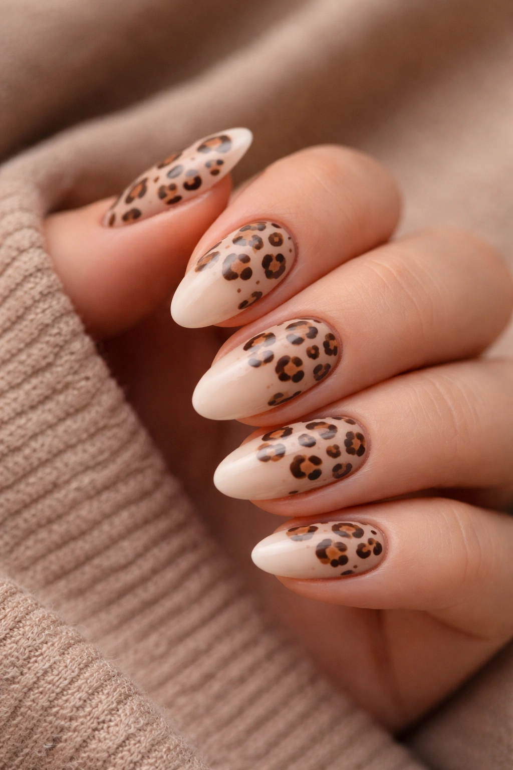 Close-up of short almond nails in warm beige with brown leopard spots