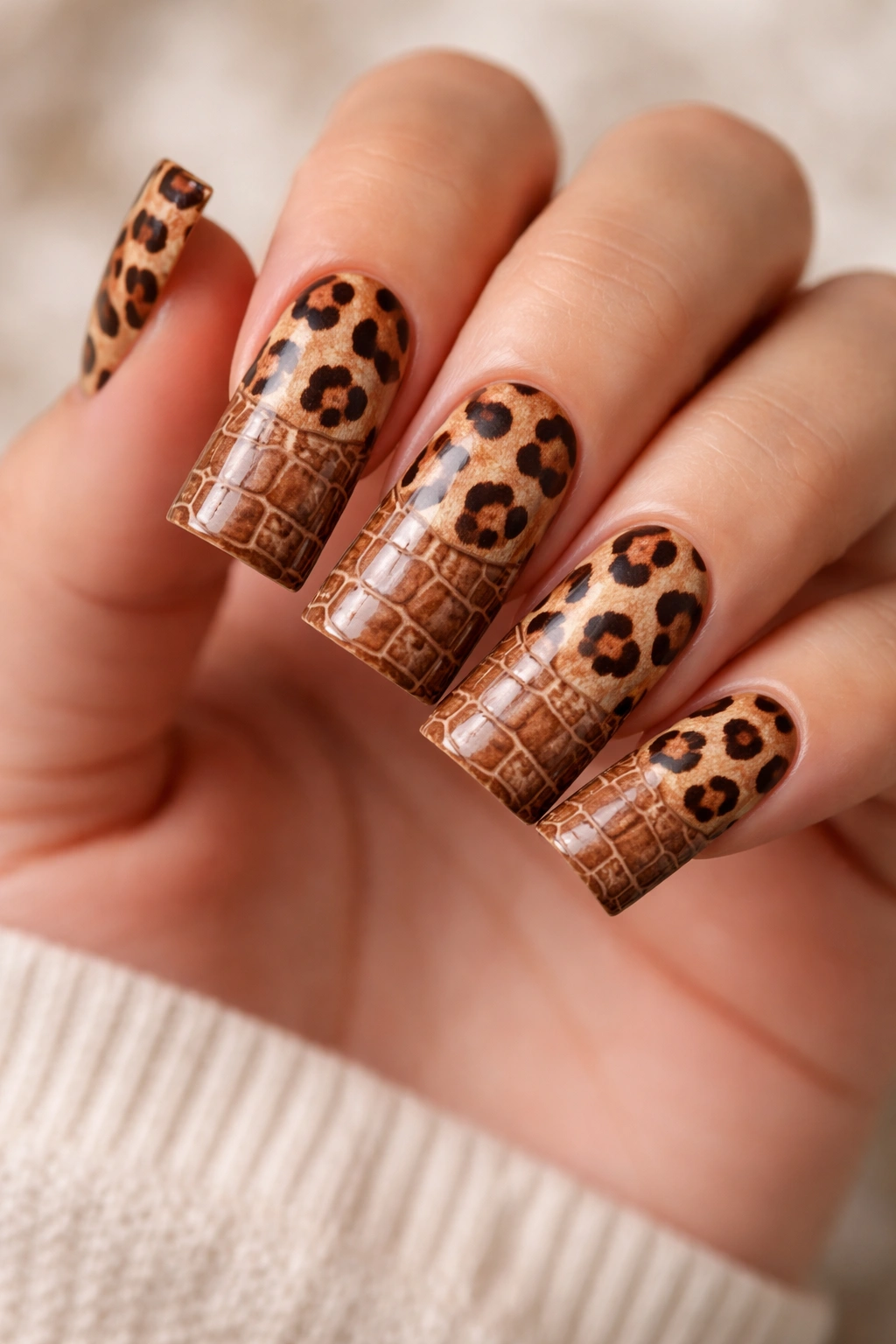 Duck nails featuring a hybrid leopard and croc pattern on a warm base
