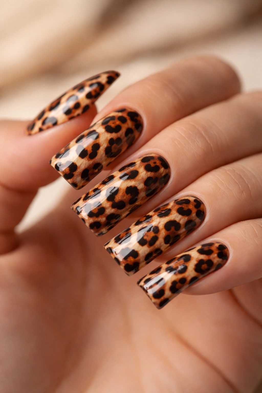 Close-up of duck nails with classic leopard spots in warm browns, golds, and blacks.