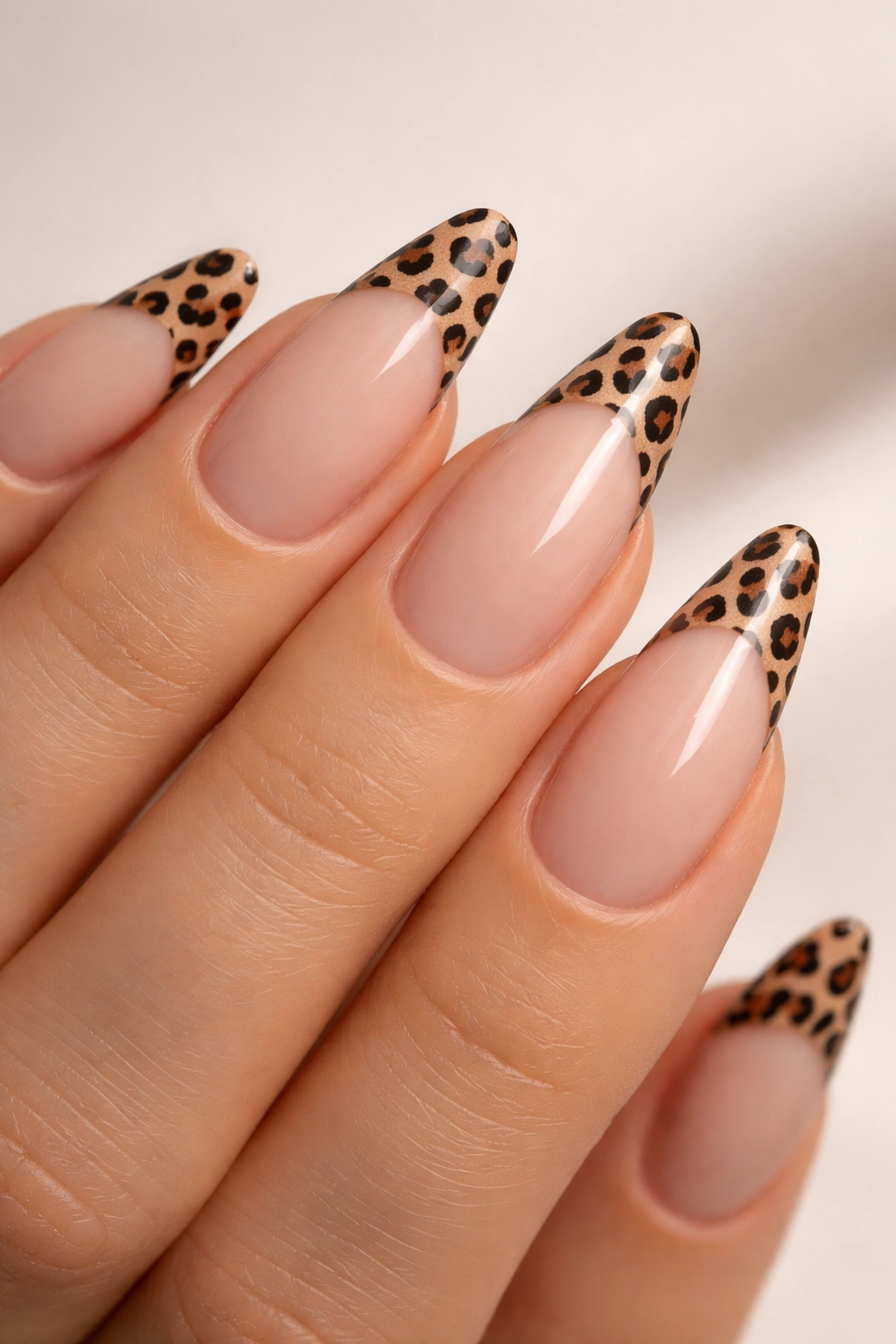 Leopard print French tips on nude nails