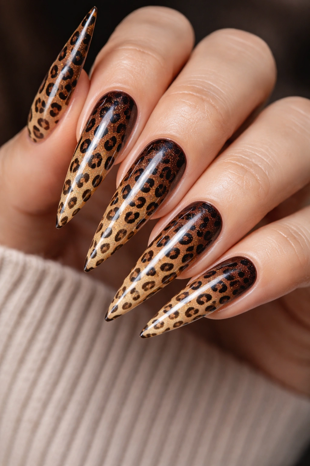 Close-up of leopard gradient nails with ombre base and spots on stiletto tips