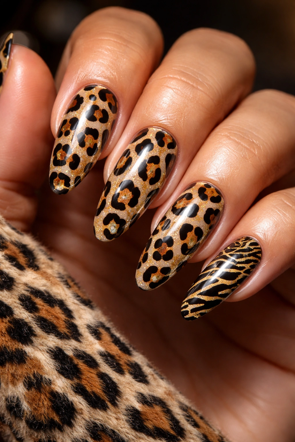 Nails with leopard print on a nude base.