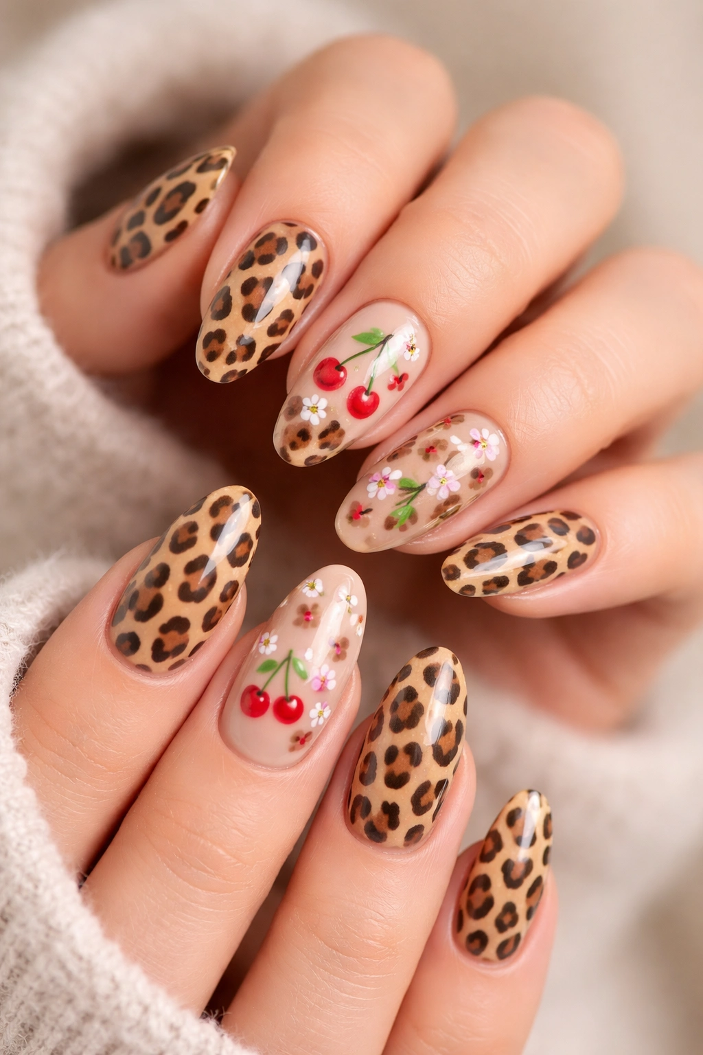 Leopard nails with floral accents on accent nails