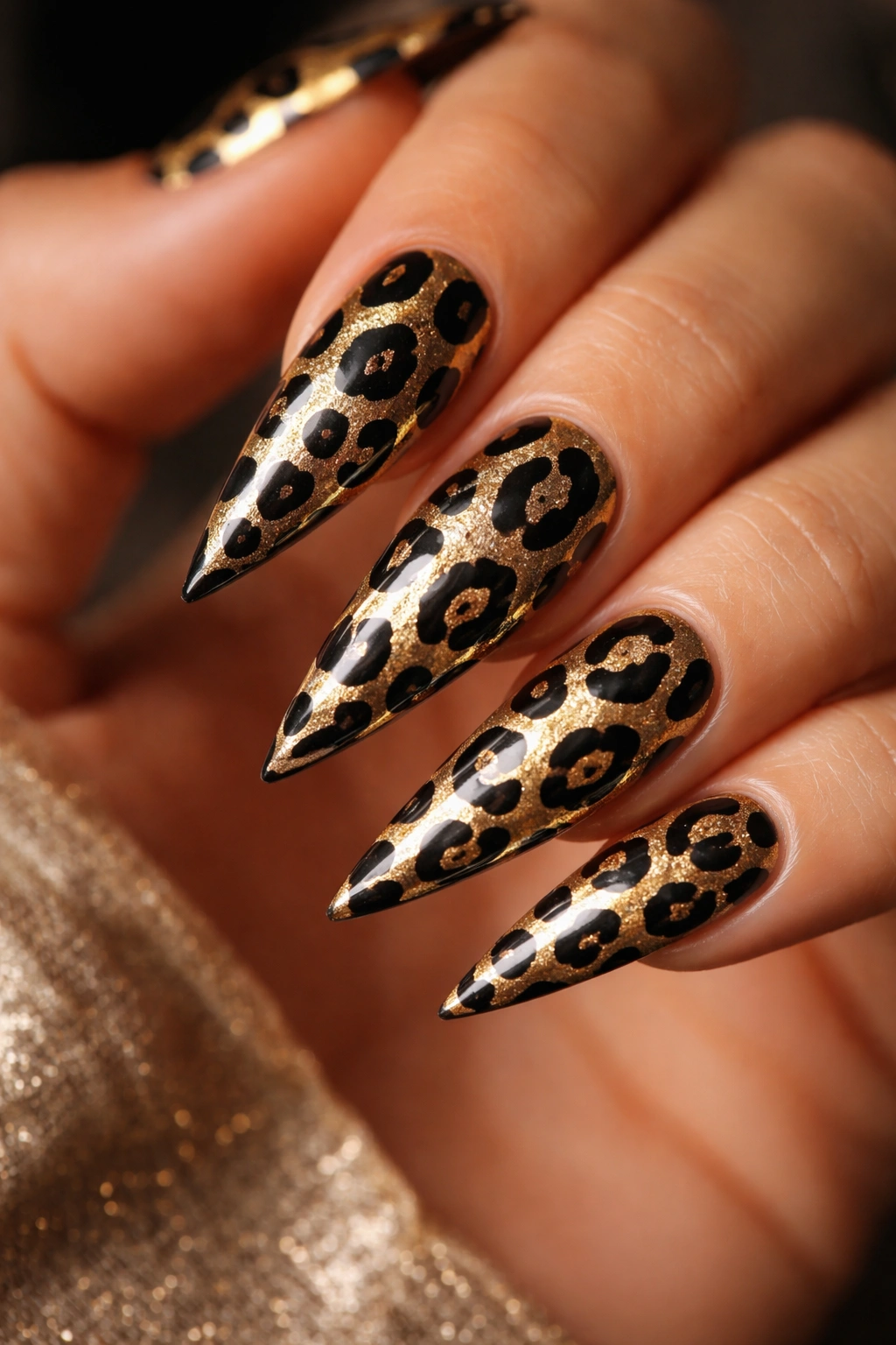 Close-up of gold base nails with black leopard print patterns.