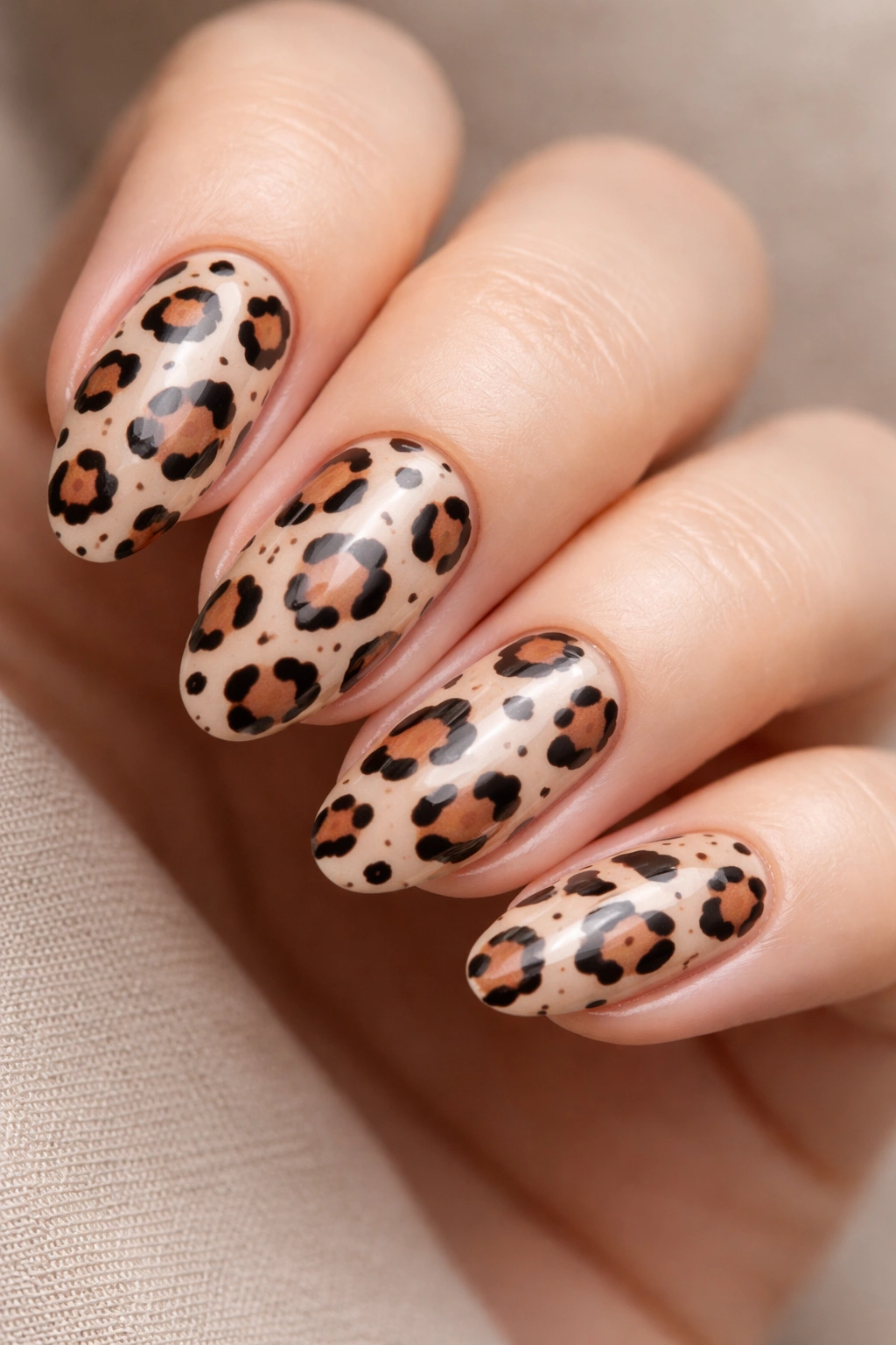 Leopard print nails on neutral beige base, macro close-up