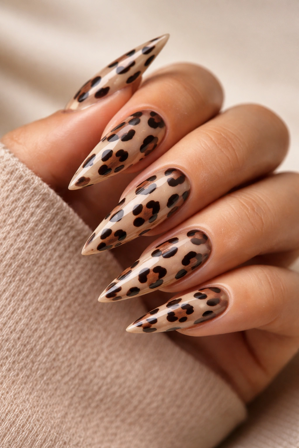 Close-up of nude stiletto nails with dark brown leopard spots on a beige base