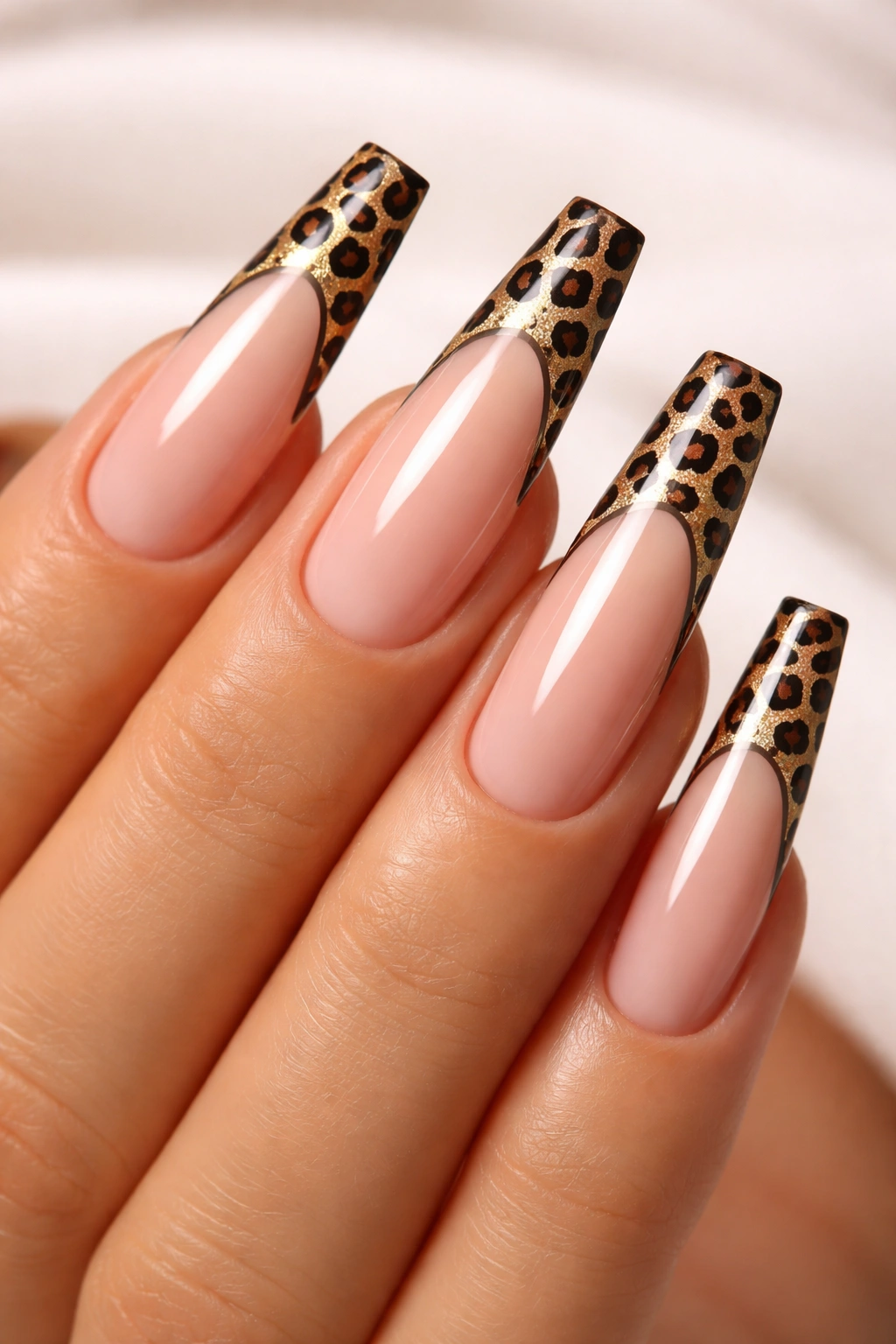 Leopard print French tips on long nails
