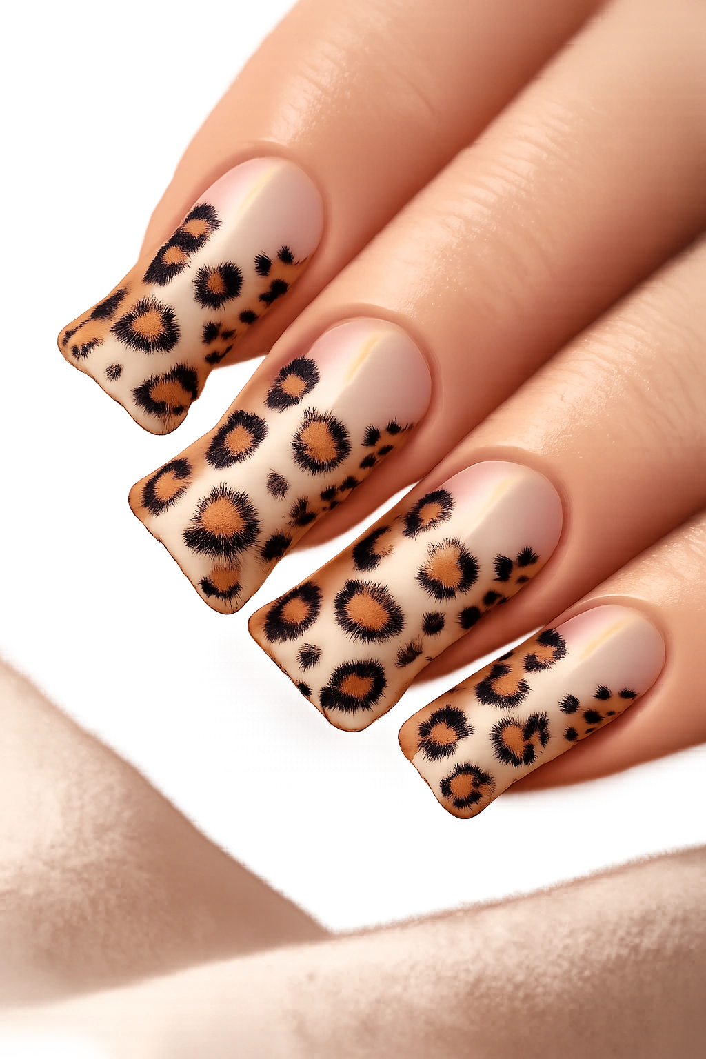 Duck nails showing leopard spots with negative space design