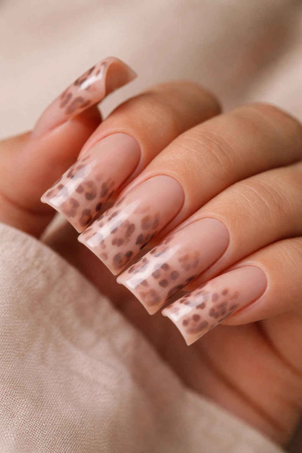 Close-up of duck nails with nude base and soft blush leopard spots
