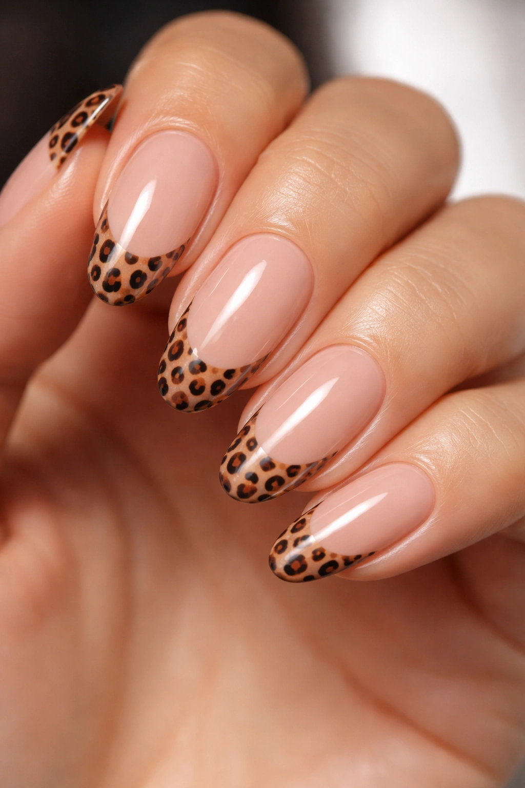 Nude nails with organic leopard print tips and black outlines close-up