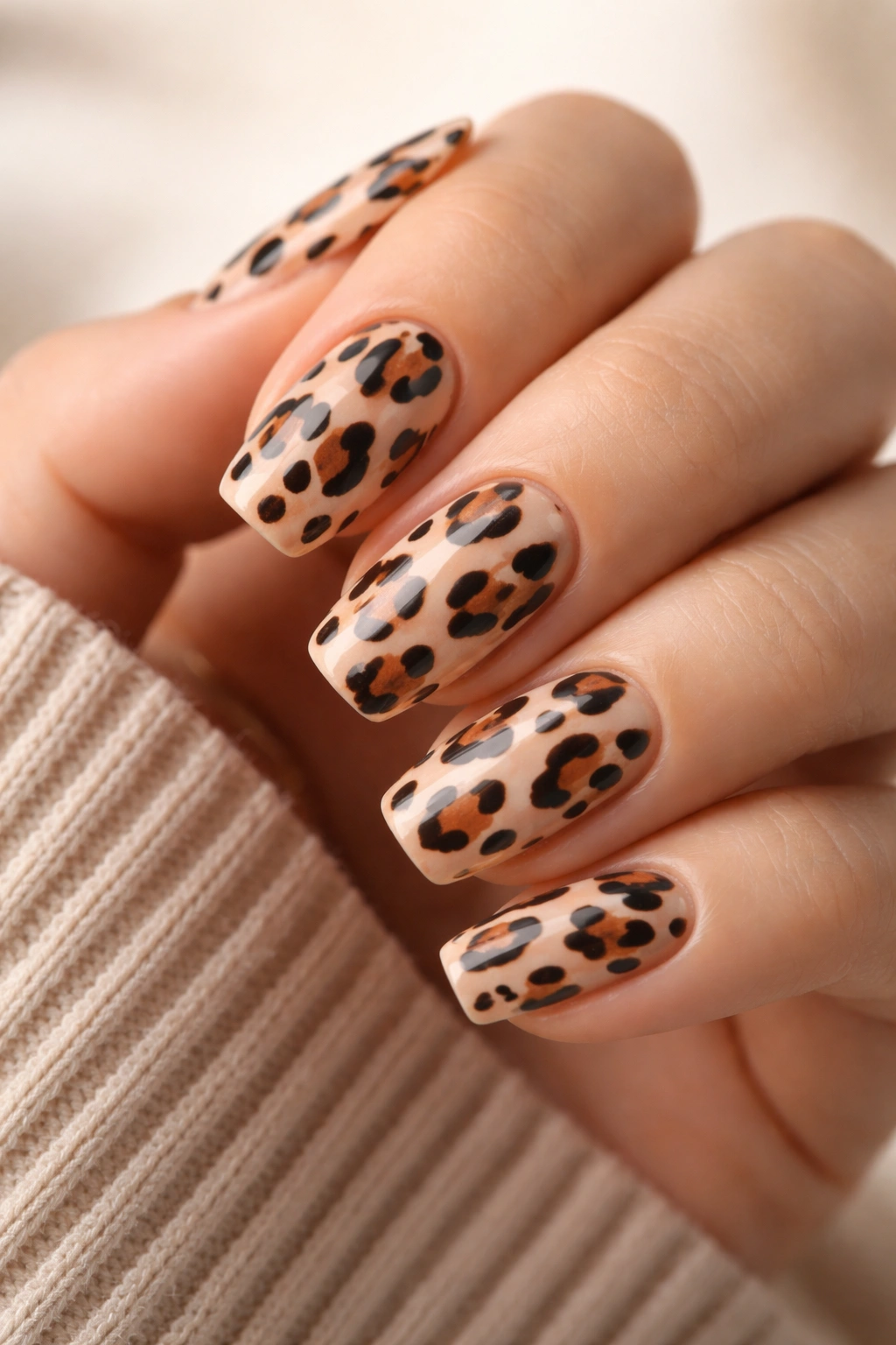 Close-up of leopard print nails with irregular spots on nude base