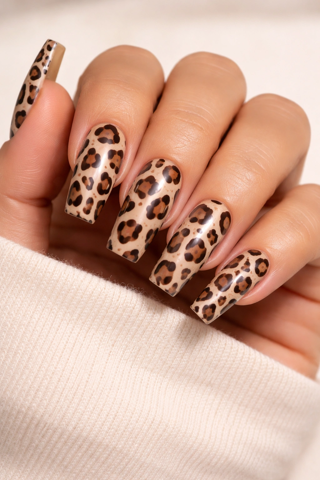 Beige leopard print nails with black outlines on neutral background