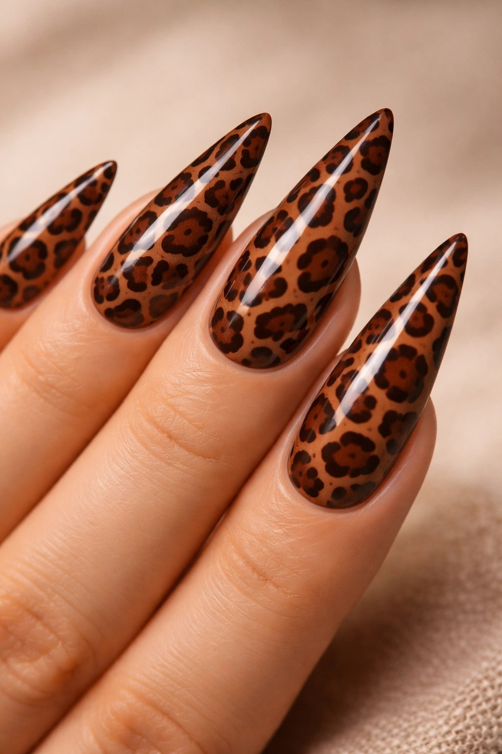 Brown leopard print stiletto nails on neutral background