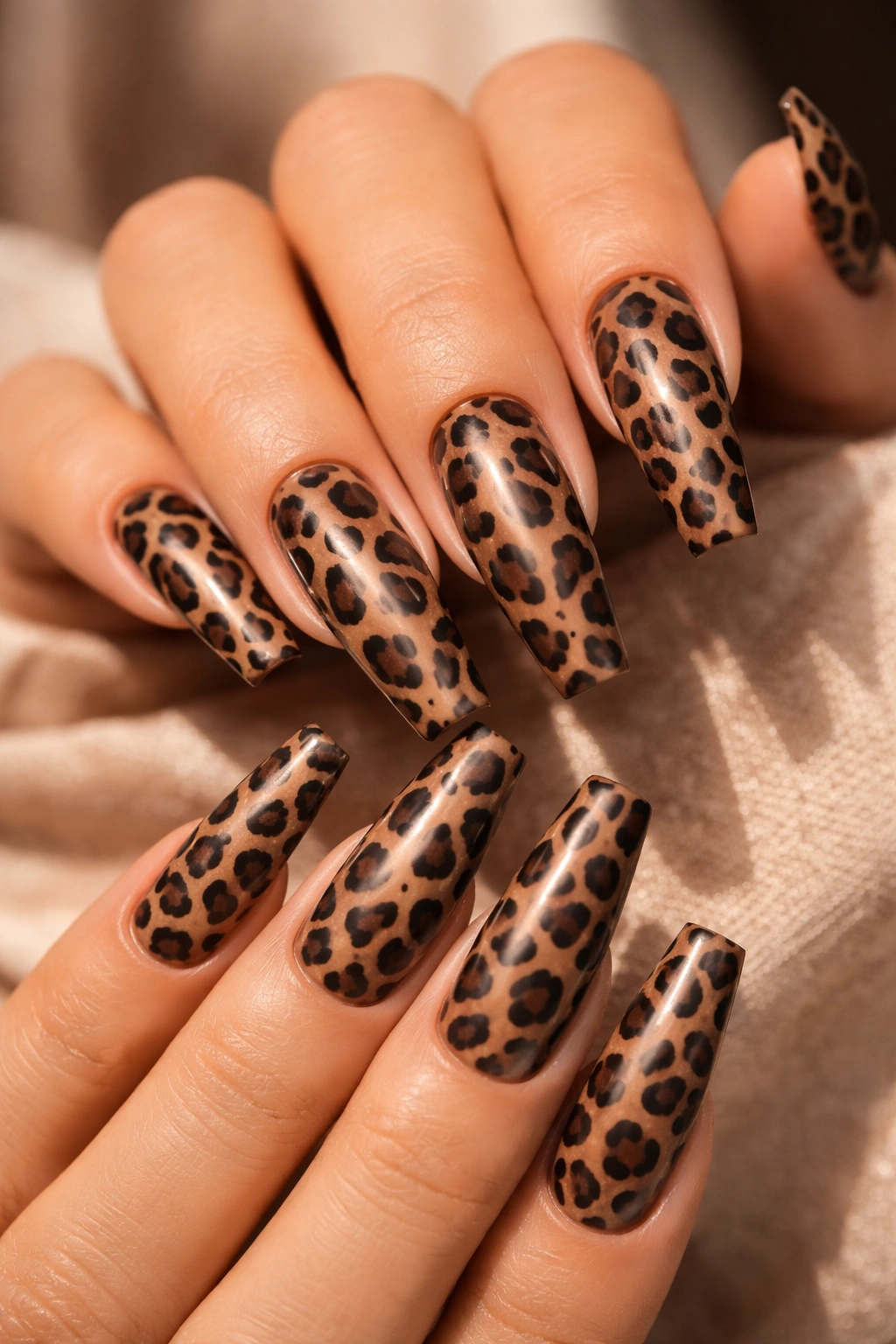 Coffin nails with brown and black leopard print pattern