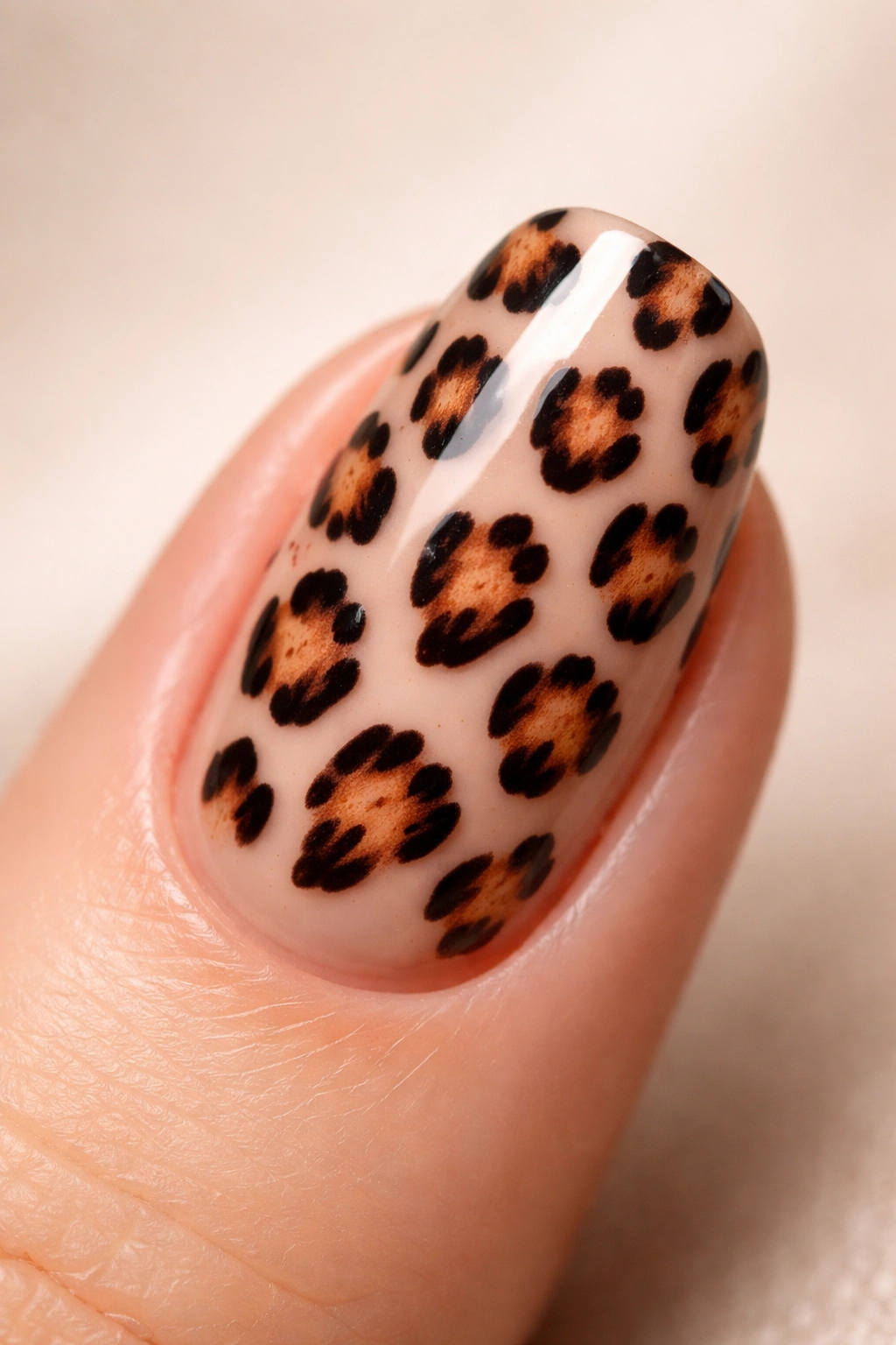 Close-up of a leopard print nail with brown and black spots on a nude base.