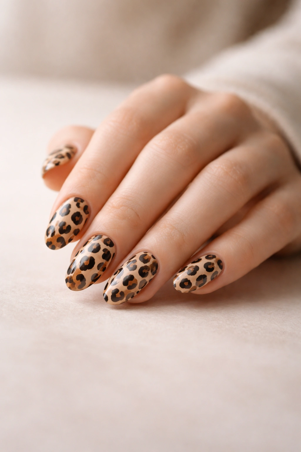 Close-up of a hand showing leopard print nails on a neutral backdrop, emphasizing pattern rhythm and color contrast