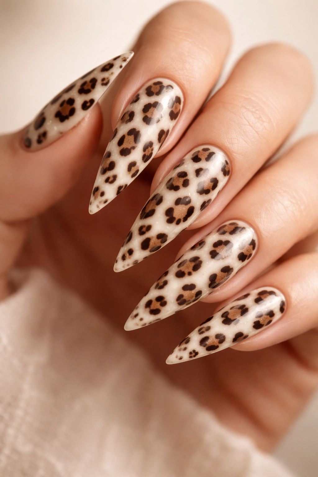 Stiletto nail with neutral leopard print pattern on cream base