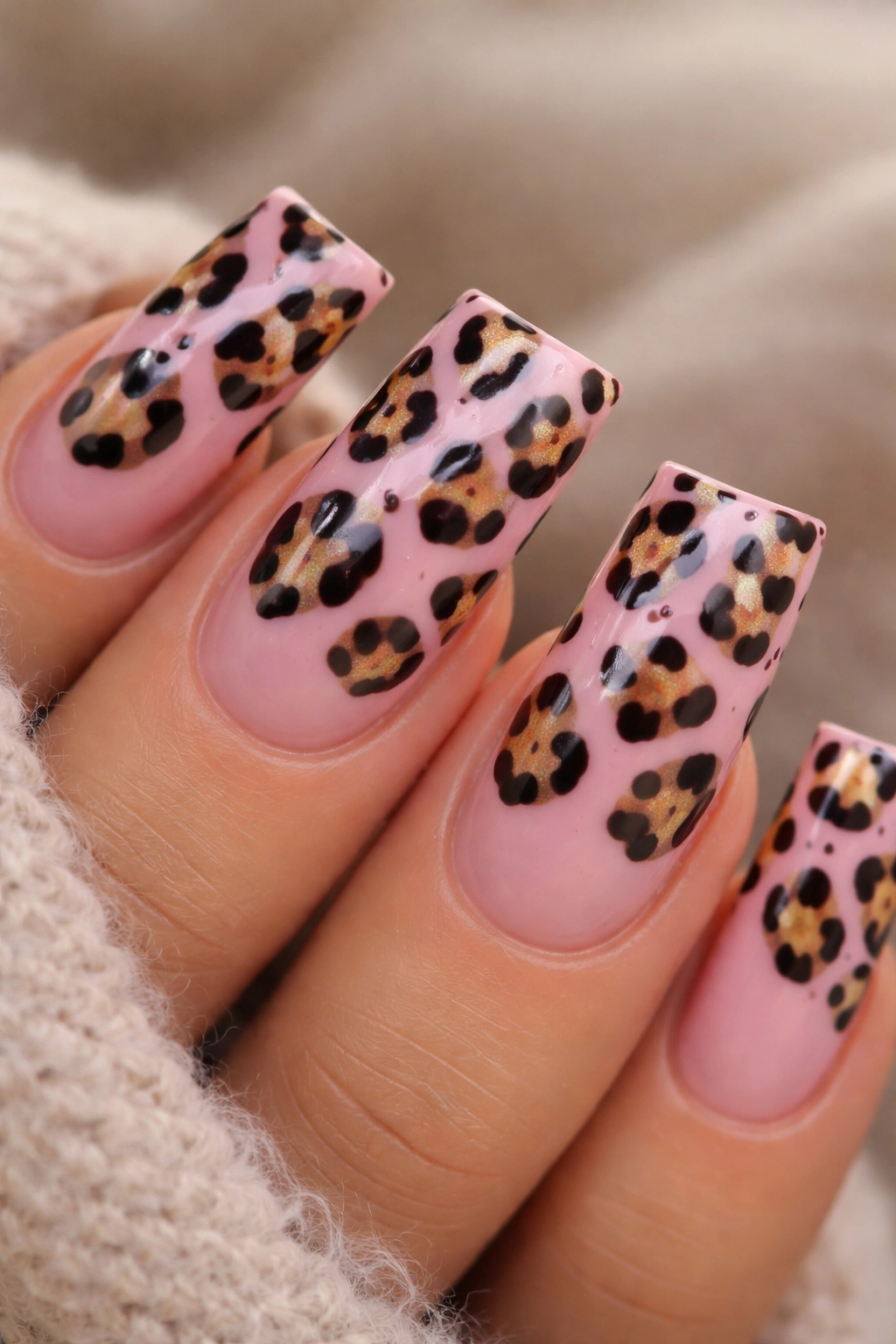 Duck nail with leopard print on pink base