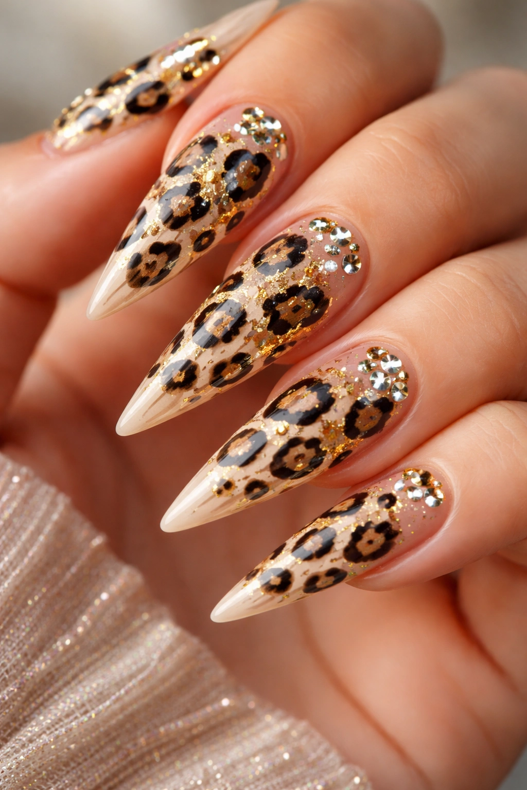 Leopard print stiletto nails with gold foil and rhinestones