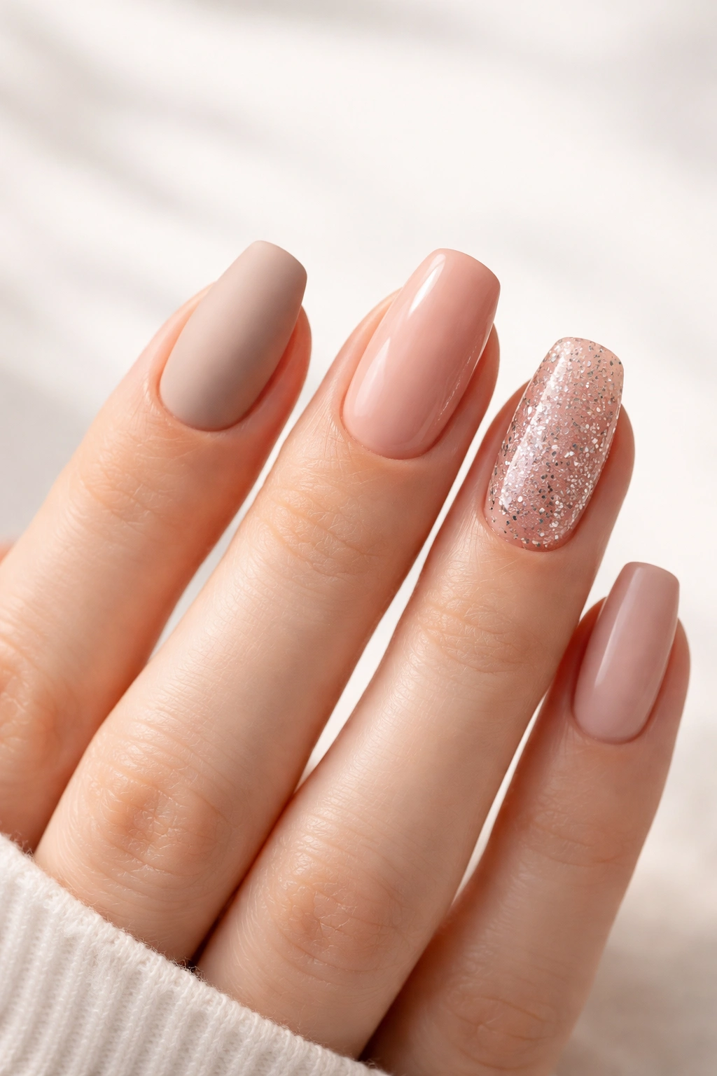 Hand displaying three nail finishes representing lifestyle choices.