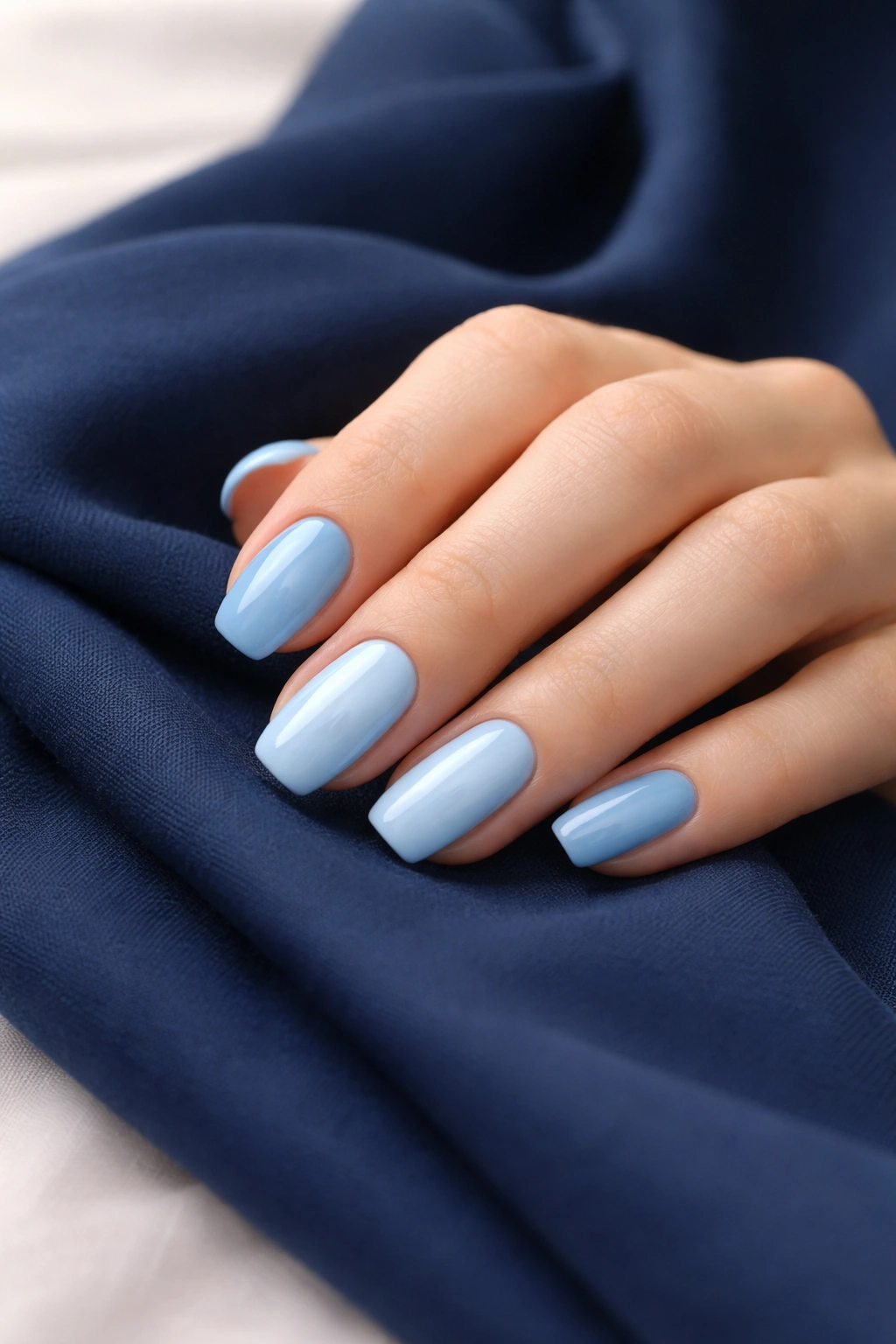 Close-up of light blue and powder blue nails against navy fabric